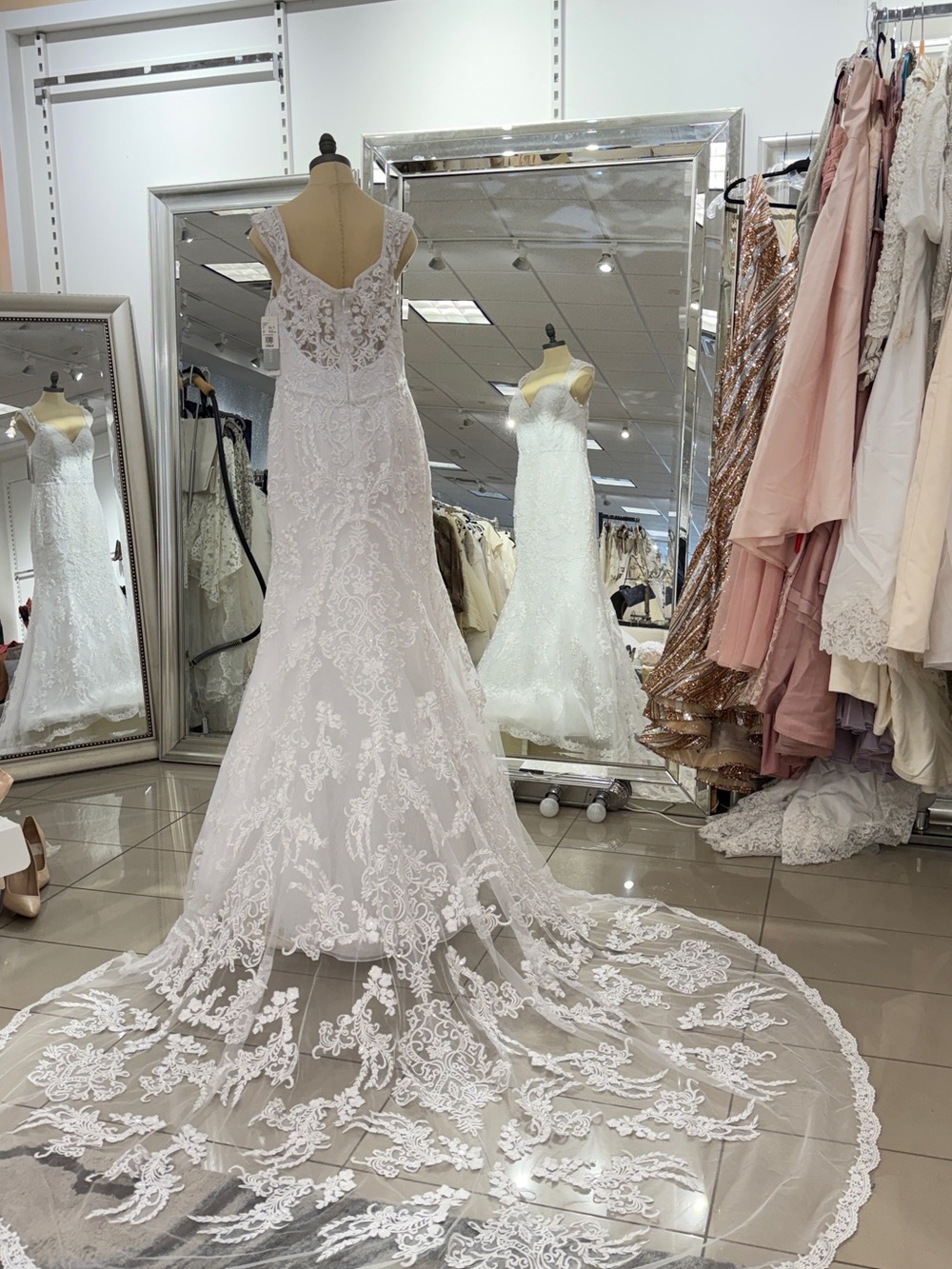 Oleg Cassini White Lace Mermaid Wedding Dress with Long Lace Train